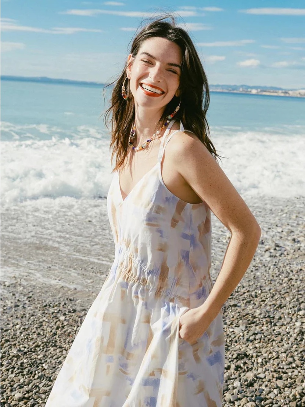 Petite Studio Cream Dress with Blue & Tan Watercolor Print